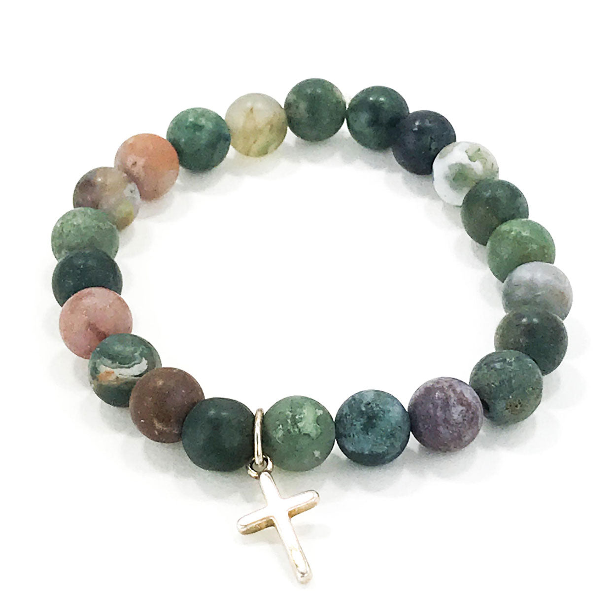 Stone Bracelet - Indian Agate with Sterling Silver Cross Charm