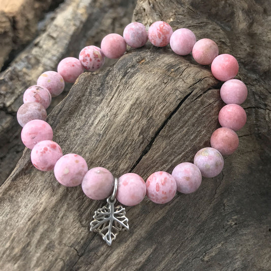 Stone Bracelet - Pink Agate with Sterling Silver Maple Leaf Charm