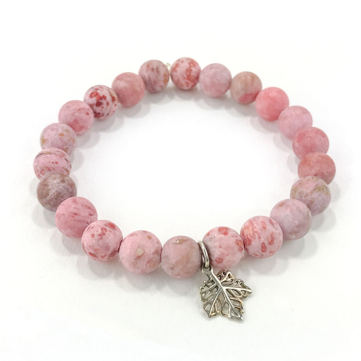 Stone Bracelet - Pink Agate with Sterling Silver Maple Leaf Charm