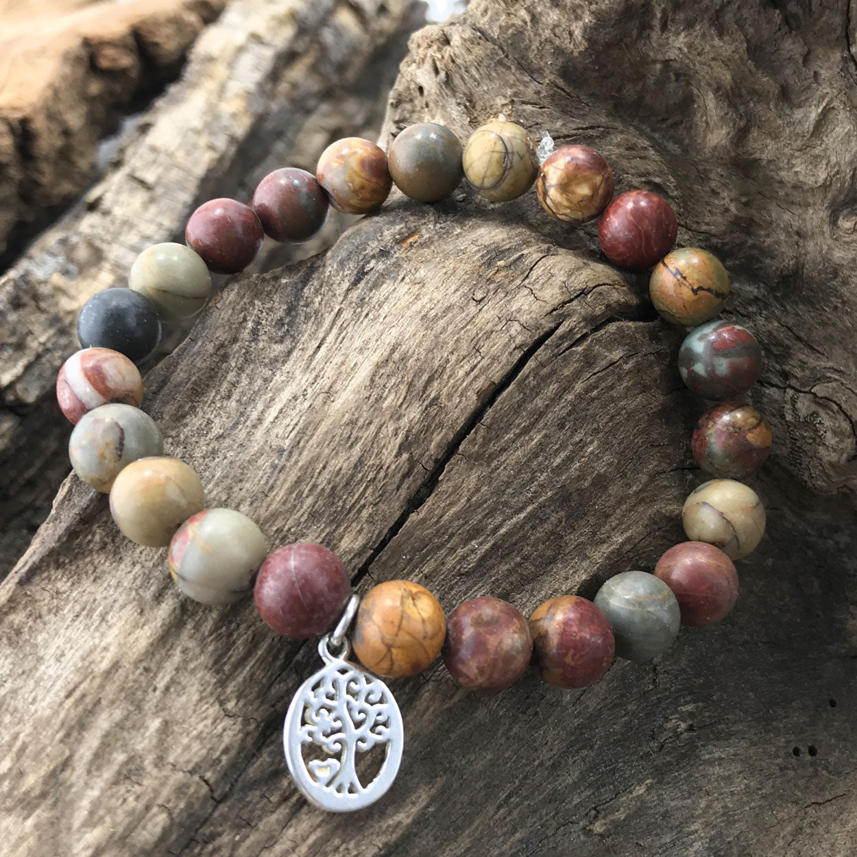 Stone Bracelet - Picasso Jasper with Tree of Life in Circle Charm