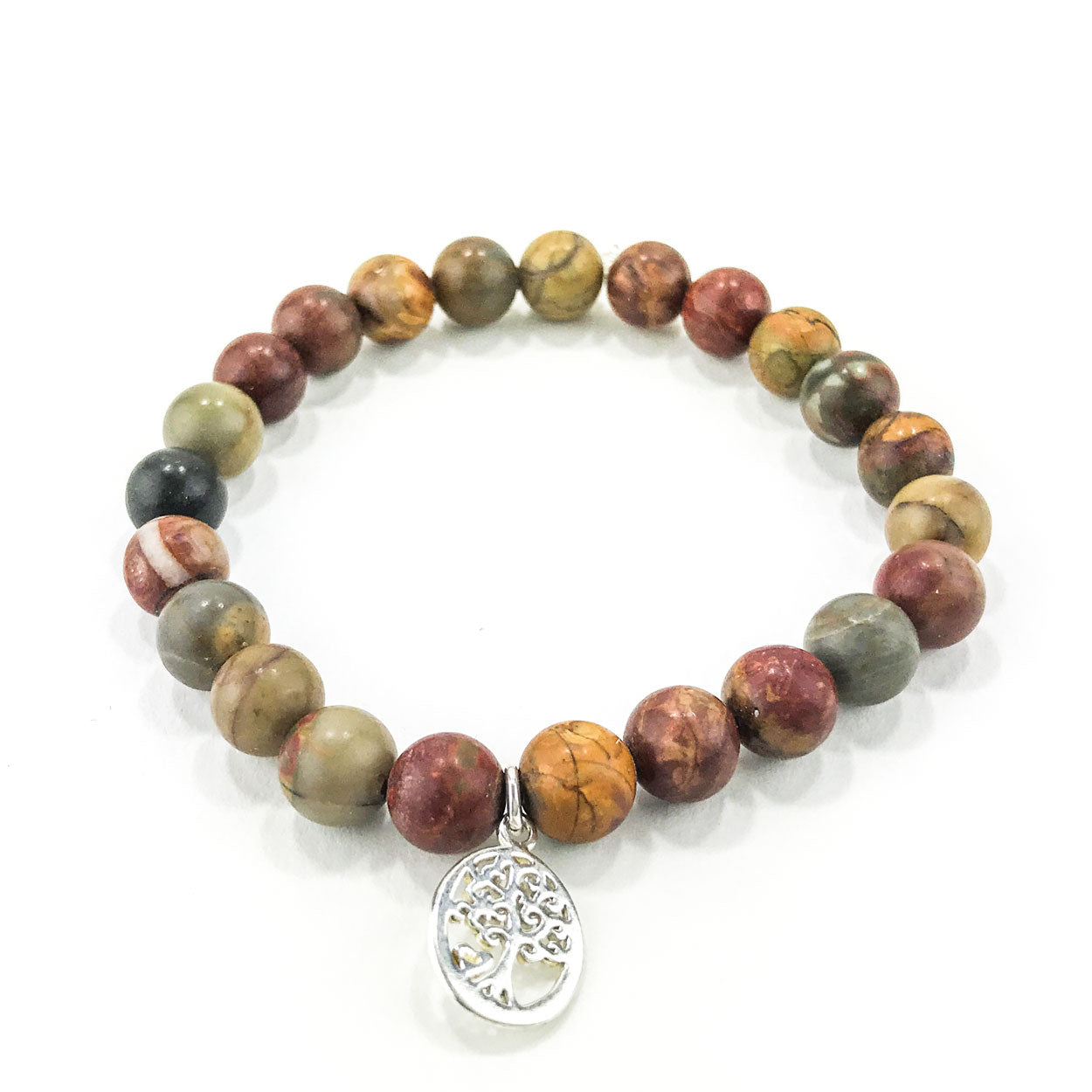 Stone Bracelet - Picasso Jasper with Tree of Life in Circle Charm